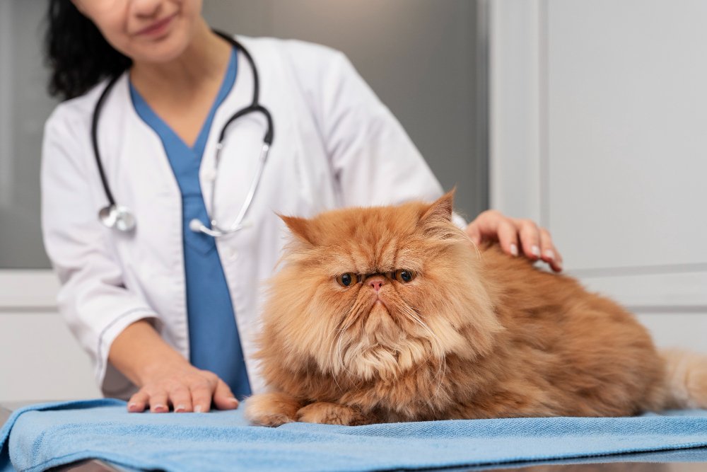Veterinarian performing a wellness check on a cat